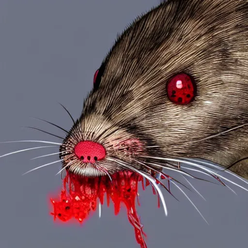 Image similar to angry, drooling, rabies infected rat with glowing red eyes and patchy, diseased skin, dirty yellow teeth splattered with blood. It's about to attack.