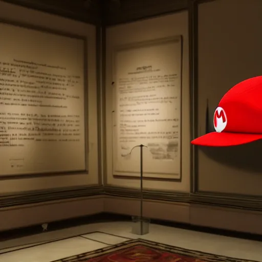 Image similar to A realistic image of Super Mario's hat in a museum, ultra high detail, 8k.