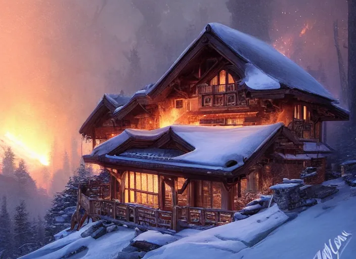 Image similar to mountain chalet covered in fire, smoke, sunrise, snow, sharp details, sharp focus, elegant, highly detailed, illustration, by Jordan Grimmer and greg rutkowski and PiNe(パイネ) and 薯子Imoko and 香川悠作 and wlop and maya takamura, intricate, beautiful, Trending artstation, pixiv, digital Art