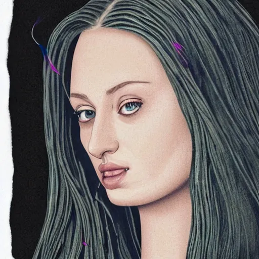 Image similar to sophie turner portrait in detail in block colour by james jean,