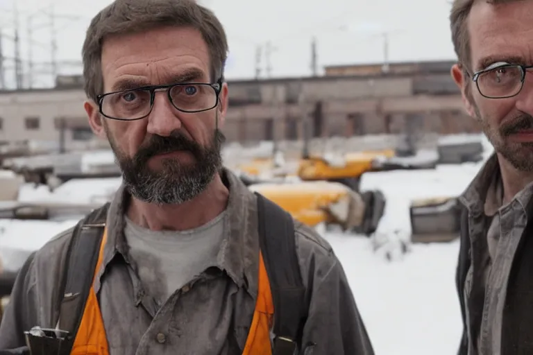 Image similar to vfx movie closeup real life gordon freeman holding crowbar in russian train yard by emmanuel lubezki