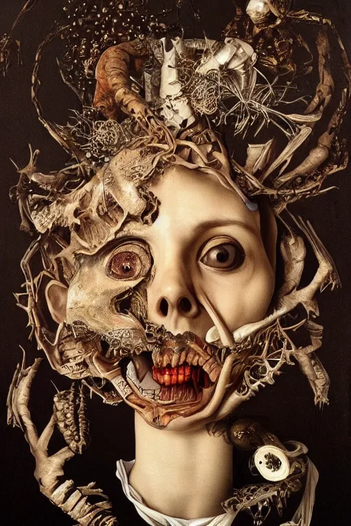 Image similar to Detailed maximalist portrait with large lips and with large, wide eyes, sad expression, extra bones, flesh, HD mixed media, 3D collage, highly detailed and intricate, surreal, illustration in the style of Caravaggio, dark art, baroque