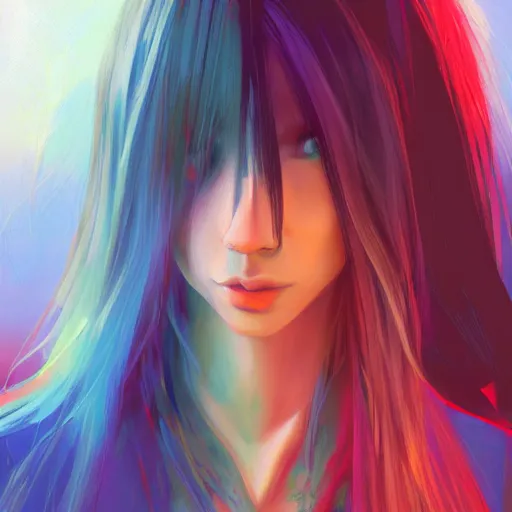 Prompt: a painting of a hard surfaces girl with long hair, digital art by ryuzaburo umehara, featured on pixiv, detailed illustration, digital art, synchromism, flat shading, full body, metaphysical painting, speedpainting, digital painting, holographic undertones, highly saturated colors, 4 k, digital art, concept art, trending on artstation