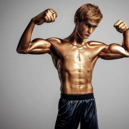 Prompt: a realistic detailed photo of a guy who is an attractive humanoid who is half robot and half humanoid, who is a male android, soccer player martin ødegaard, shiny skin, posing like a statue, blank stare, in a living room, on display, showing off his muscles, gold soccer shorts, side view