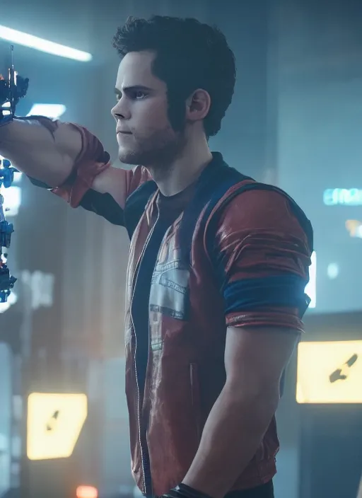 Prompt: film still of Dylan O'Brien as Kerry Eurodyne in Cyberpunk 2077, gameplay, 8k, HD