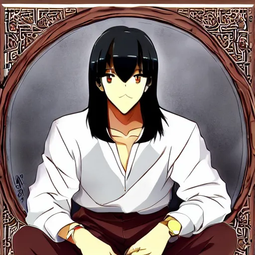 Image similar to A masculine middle aged man with tan skin, brown eyes, and hip-length, shiny, black hair, anime, manga