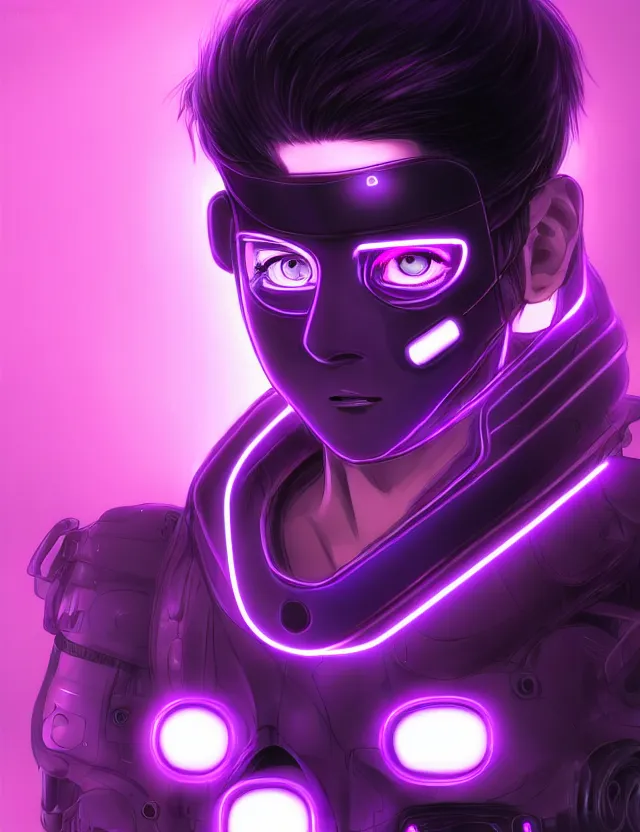 Image similar to a detailed manga portrait of a black haired man with a cybernetic body and face mask with glowing neon purple lights, trending on artstation, digital art, 4 k resolution, detailed, high quality, sharp focus, hq artwork, coherent, insane detail, character portrait