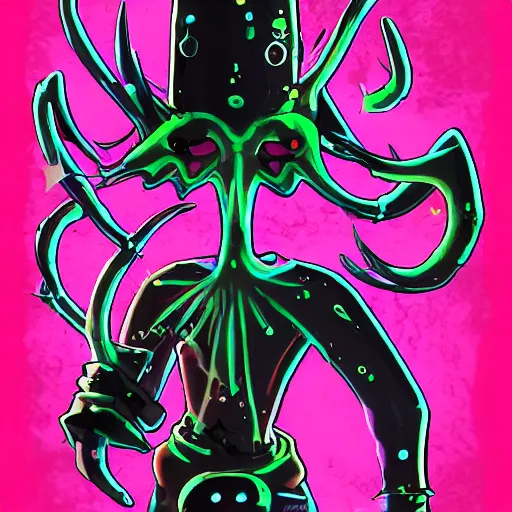 Prompt: character design sheets for a new sinister vampire squid character, artwork in the style of splatoon from nintendo, art by tim schafer from double fine studios, black light, neon, spray paint, punk outfit, tall thin toothpick like frame adult character, fully clothed, gothic, color explosion, colorful, gothic rainbow, sparkles and glitter, pop art