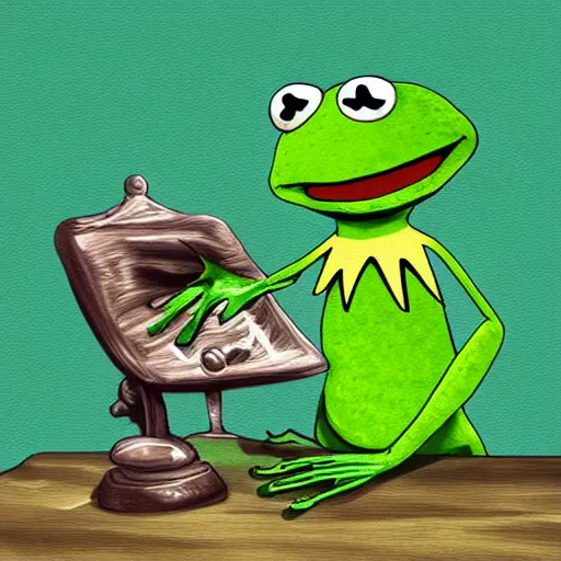 Prompt: kermit the frog interviewing a real frog on a podcast, digital art, trending on art station