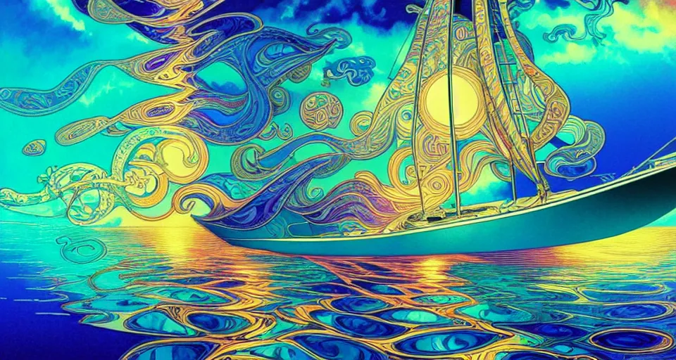 Prompt: crazy psychedelic ocean, luxury yacht sailing across the psychedelic ocean, paisley swirls and ripples, backlit, sunset, refracted lighting, outdoors, paisley pattern, elegant, 8 k resolution, intricate and fine details, digital painting, artstation, illustration, psychedelic ocean art, krenz cushart, alphonse mucha