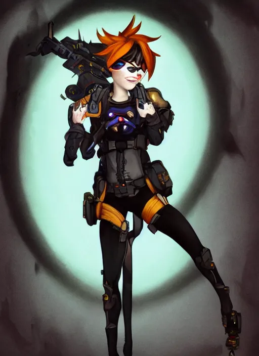 Prompt: dark full body painting of tracer from overwatch, in style of francisco de goya, scary, horror, 4 k, feminine facial features, overwatch tracer character, horror, body horror, disturbing, detailed face, dressed in dark garment, black tendrils, tall,