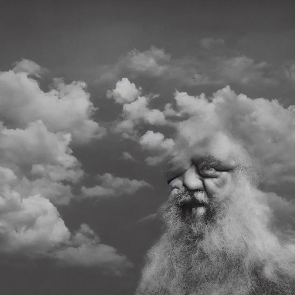 Prompt: An Alec Soth portrait photo of the moon, a cloud of Orson Welles as Falstaff floats in the sky, the moon is wearing several horse-hair wigs, Falstaff's face is also on the moon