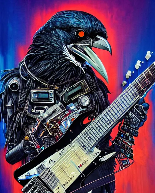 Image similar to a portrait of an anthropomorphic cyberpunk raven shredding an electric guitar by sandra chevrier, by jon foster, detailed render, tape deck, epic composition, cybernetics, 4 k realistic, cryengine, realistic shaded lighting, sharp focus, masterpiece, by enki bilal