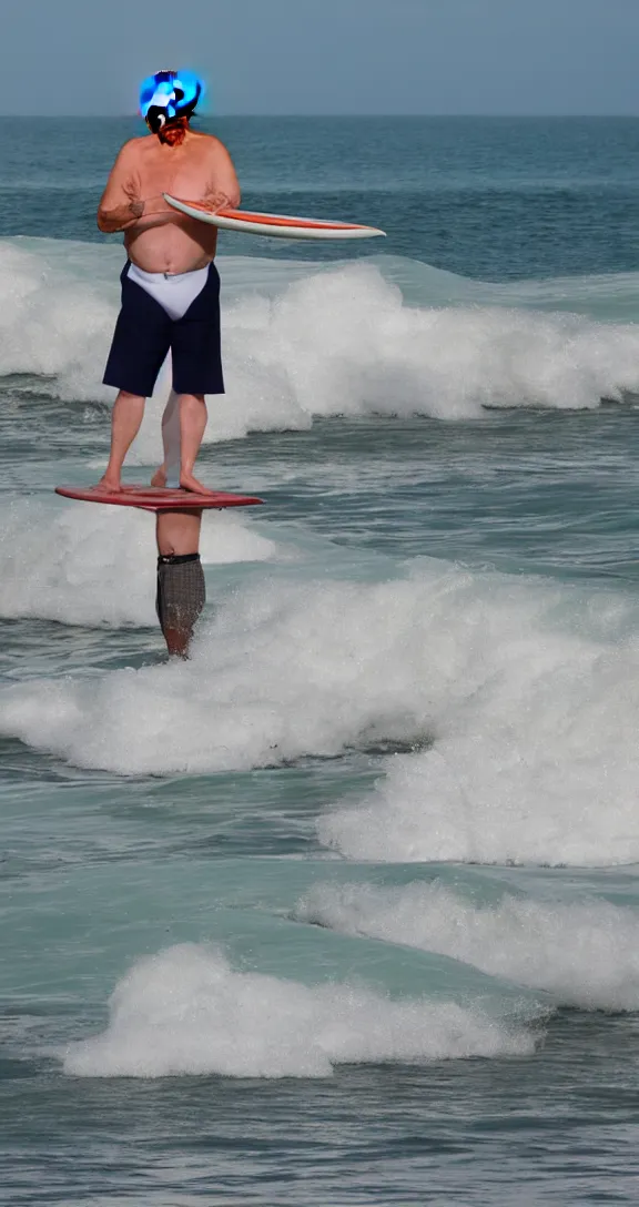 Image similar to Donald Trump holds a surfboard standing near the breakwater at a beach, Chunky old Trump wears tropical board shorts and sandals with a smug look, 4k, sharp focus, photo by professional