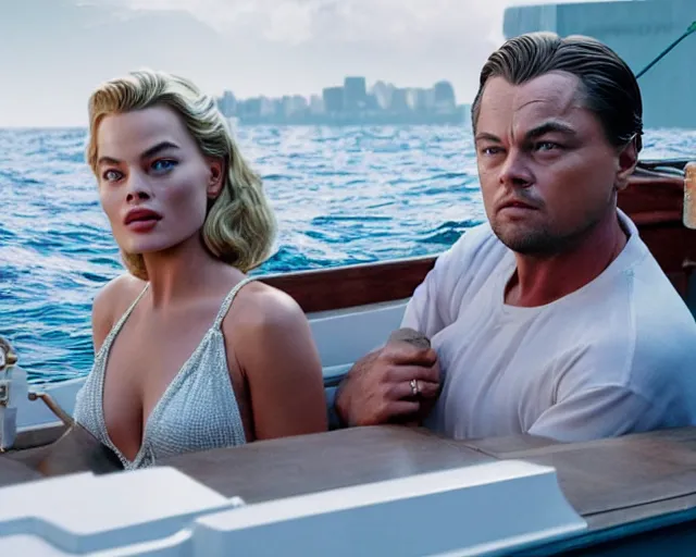 Image similar to leonardo dicaprio as the wolf of wall street next to margot robbie as naomi from the wolf of wall street on a fishing boat, hyper realistic faces, beautiful eyes, cinematic, long shot, hyper detailed, 8 5 mm photograph, 8 k resolution, film still, sharp lens, wide lens