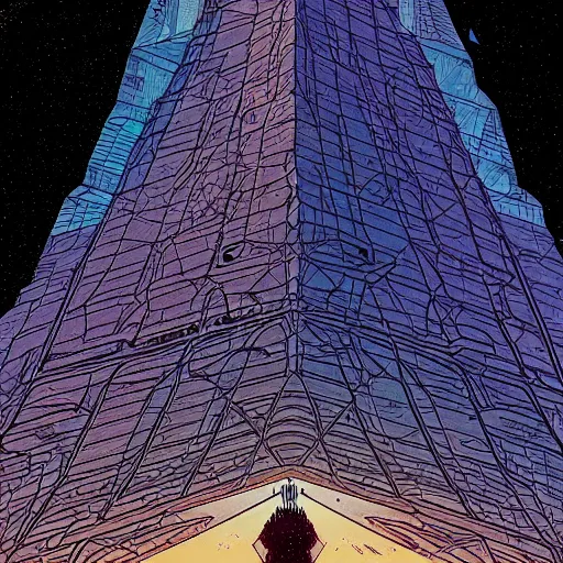 Image similar to cyberpunk explorer looking up at giant triangular monolith, highly detailed, midnight, by josan gonzalez, moebius, laurie greasley