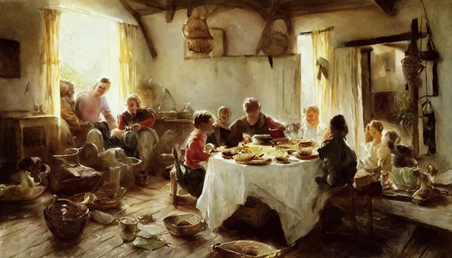 Image similar to simple villager family about to eat a meal together in their beautiful simple cottage home, art by anders zorn, wonderful masterpiece by greg rutkowski, beautiful cinematic light, american romanticism thomas lawrence, greg rutkowski