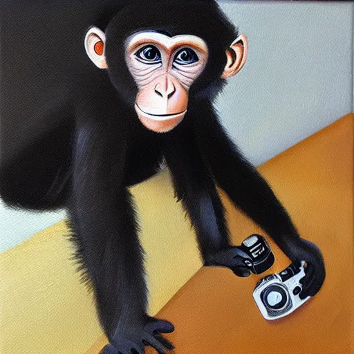 Prompt: monkey holding a camera, oil painting