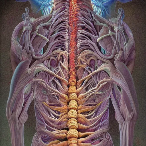 Image similar to nightmare etherreal iridescent vascular nerve bundles pearlescent spinal chord horror by Naoto Hattori, Zdzislaw, Norman Rockwell, Studio Ghibli, Anatomical cutaway