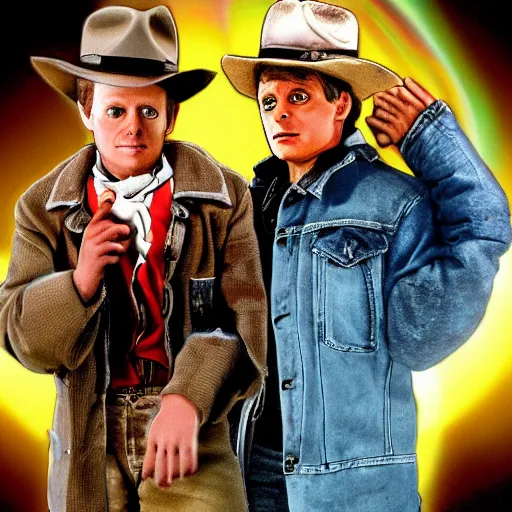 Prompt: BrokeBack to the Future Mountain starring Michael J Fox and Doc Brown