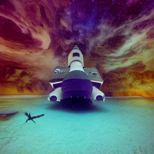 Prompt: dreamlike film photography of a 1980s wooden space shuttle at night underwater in front of colourful underwater clouds by Kim Keever. In the foreground floats a seasnake. low shutter speed, 35mm