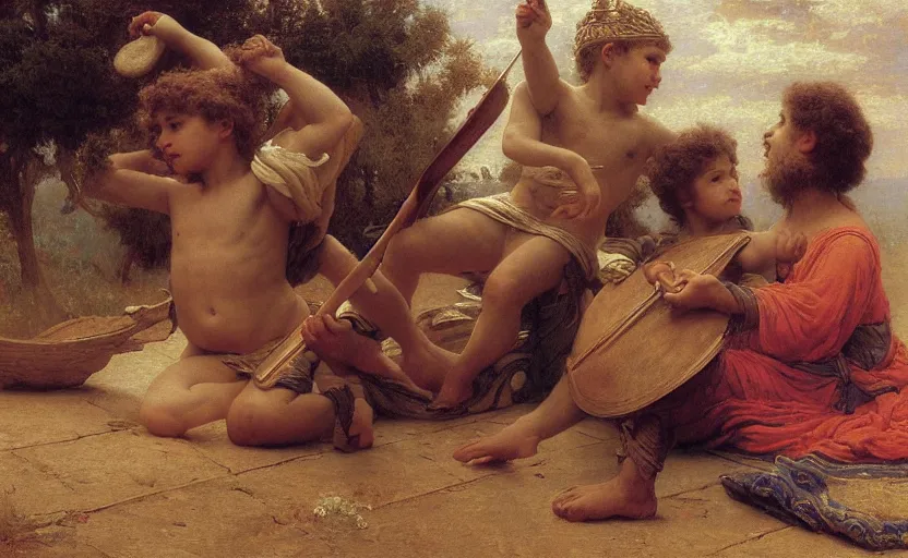Image similar to the great greek warrior plays the lyre, young boy listens him, the edge of the universe from the book of the long sun by gene wolfe, by gustave dore, highly detailed painting by gaston bussiere and j. c. leyendecker and william adolphe bouguereau and fra angelico and octane render, musee d'orsay 8 k