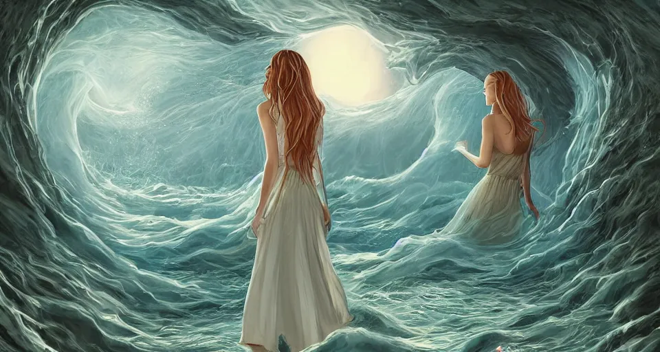 Image similar to A woman wearing a sundress watching as an eldritch sea god emerges from the ocean, digital art, detailed