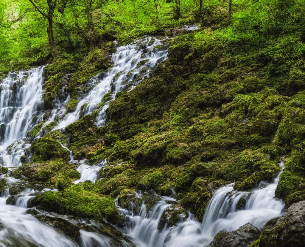 Image similar to the most beautiful panoramic 3 5 mm photography where a giant dreamy waterfall creates a river the trees around are starting and a deer