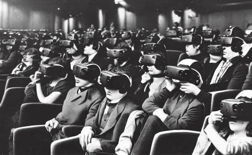 Image similar to 1 9 0 0 s photo of people wearing virtual reality headsets vr in a movie theater masterpiece old photograph