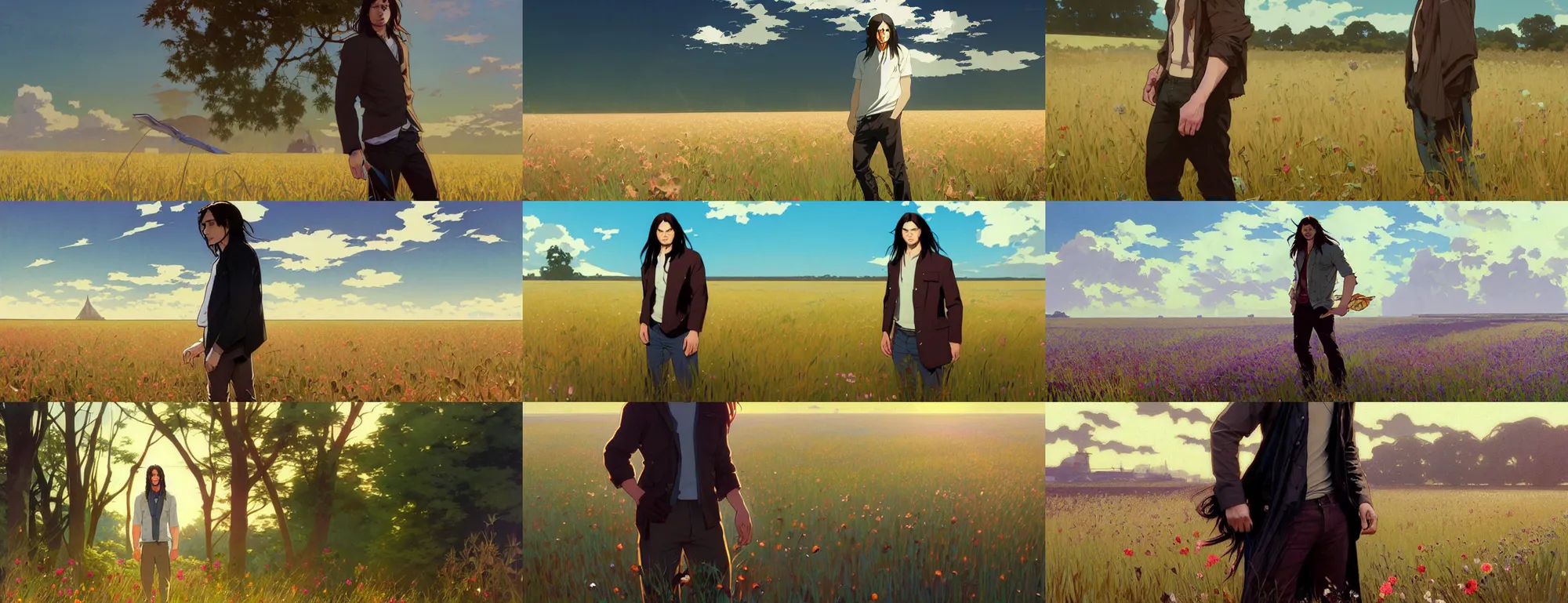 Prompt: (a trendy adult male model with long dark straight hair standing in a sunny field by greg rutkowski and alphonse mucha), Background is a screenshot by krenz cushart, pixiv contest winner, action painting, 2d game art, official art, award-winning, art by Studio Ghibli, by Chris Moore, high details