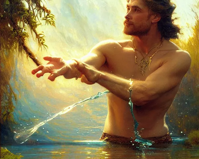 Image similar to attractive male wizard casting powerful water spell in a beautiful lake. highly detailed painting by gaston bussiere, craig mullins, j. c. leyendecker 8 k