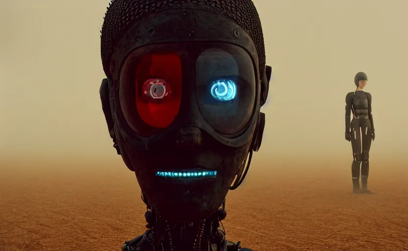 Image similar to cinestill 5 0 d photographic portrait by helen levitt of two loving female androids wearing rugged black mesh techwear on a desolate plain, extreme closeup, modern cyberpunk moody emotional cinematic, dust storm, 8 k, hd, high resolution, 3 5 mm, f / 3 2, ultra realistic faces, ex machina