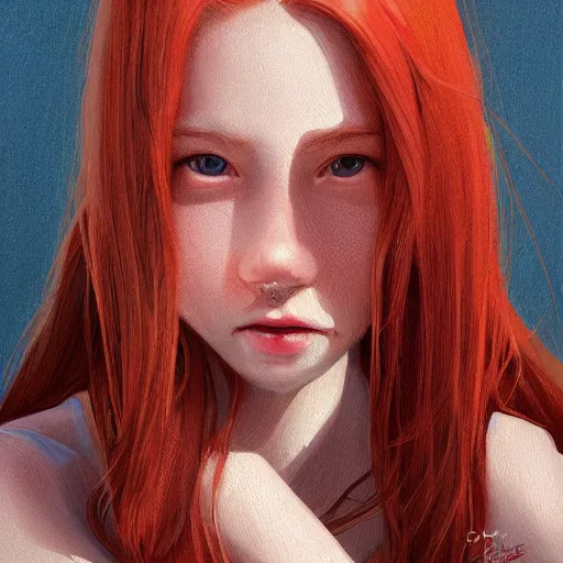 Image similar to a comic portrait of a red haired teenager girl, fine - face, realistic shaded perfect face, fine details, day setting. realistic shaded lighting poster by eric - anthony johnson and bo feng lin style, trending on art station