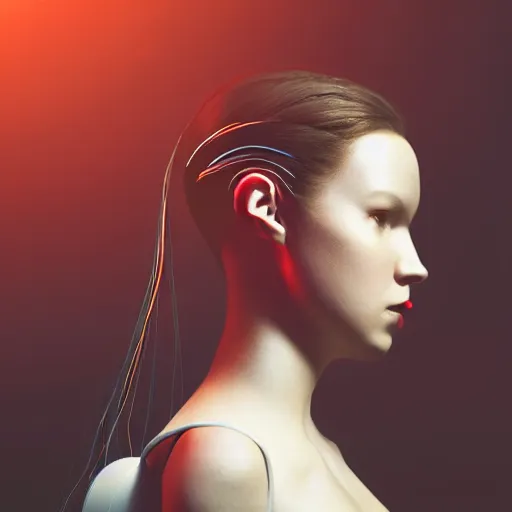 Image similar to portrait of a female android, matte, wires, side profile with high details, dramatic lighting, bloom, dark background