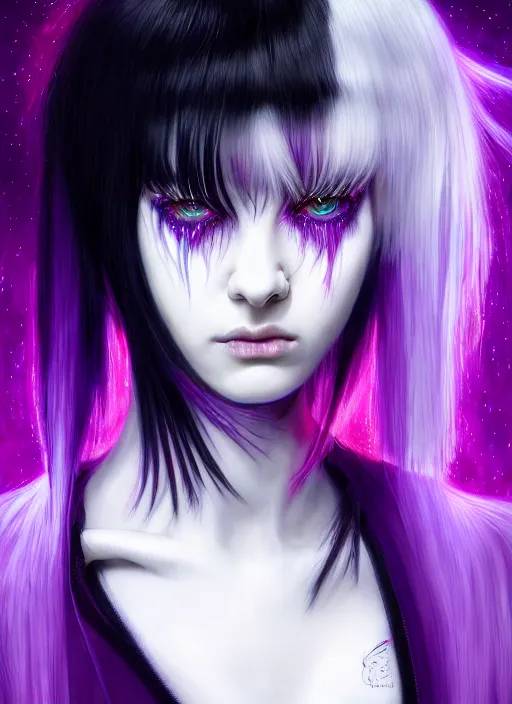 Image similar to hair whitebangs hair, black cyberlox, portrait of teenage girl with white bangs, whitebangsblackhair, messy bangs, cyberlox, whitebangs, red irises, purple clothes, intricate, elegant, glowing lights, highly detailed, digital painting, artstation, concept art, sharp focus, illustration, art by wlop, mars ravelo and greg rutkowski