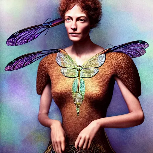 Prompt: brown woman wearing a shiny dragonfly armor. iridiscent. super detailed. layered. textured. award winning. dispersion of light. refracted lighting. soft. fragile. by ray caesar. by louise dahl - wolfe. by andrea kowch. surreal photoraphy. photorealistic