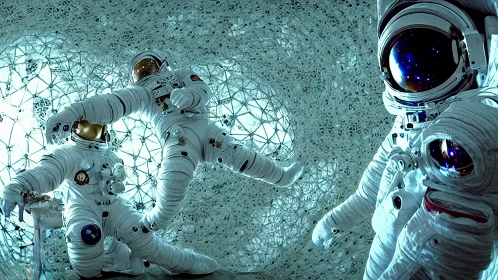 Image similar to a astronaut eva suit covered in diamond 3d fractal lace iridescent bubble 3d skin and covered with insectoid compound eye camera lenses floats through the living room, film still from the movie directed by Denis Villeneuve with art direction by Salvador Dalí, wide lens,