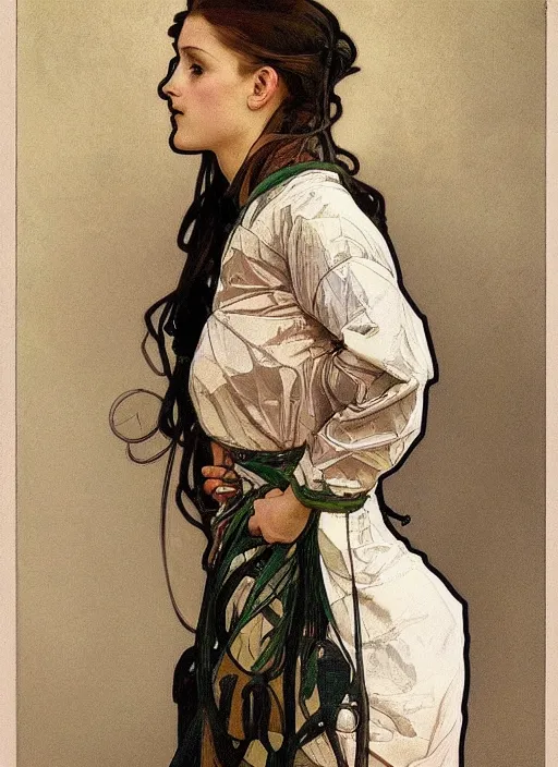 Prompt: a realistic portrait by alphonse mucha of a russian girl detailed features wearing a cargo wedding dress - sporty, sleek, tech utility - chic trend. lots of zippers, pockets, synthetic materials, jumpsuits chic'techno fashion trend by issey miyake and balenciaga