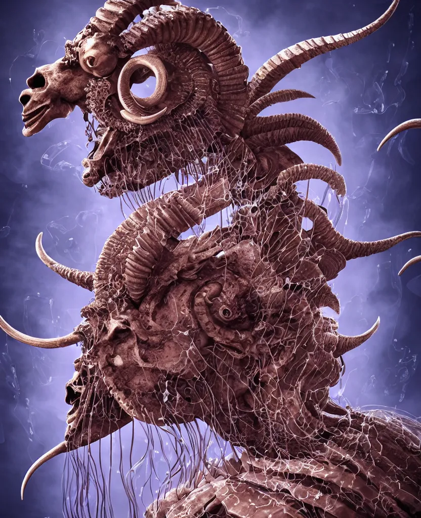 Image similar to close-up macro portrait of the face of a beautiful princess with ram goat satan mask, epic angle and pose, ribcage skeleton symmetrical artwork, 3d with depth of field, blurred background, cybernetic jellyfish female face skull phoenix bird, translucent, nautilus, energy flows of water and fire. a highly detailed epic cinematic concept art CG render. made in Maya, Blender and Photoshop, octane render, excellent composition, cinematic dystopian brutalist atmosphere, dynamic dramatic cinematic lighting, aesthetic, very inspirational, arthouse. y Greg Rutkowski, Ilya Kuvshinov, WLOP, Stanley Artgerm Lau, Ruan Jia and Fenghua Zhong