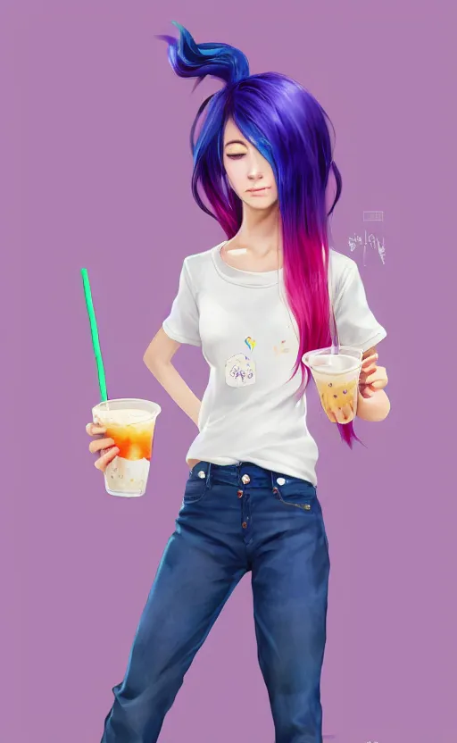 Image similar to a kawaii woman with rainbow hair, happy, summer time, holding boba tea drink, soft eyes and narrow chin, dainty figure, long hair straight down, kawaii shirt and jeans, basic white background, In style of by Jordan Grimmer and greg rutkowski, crisp lines and color