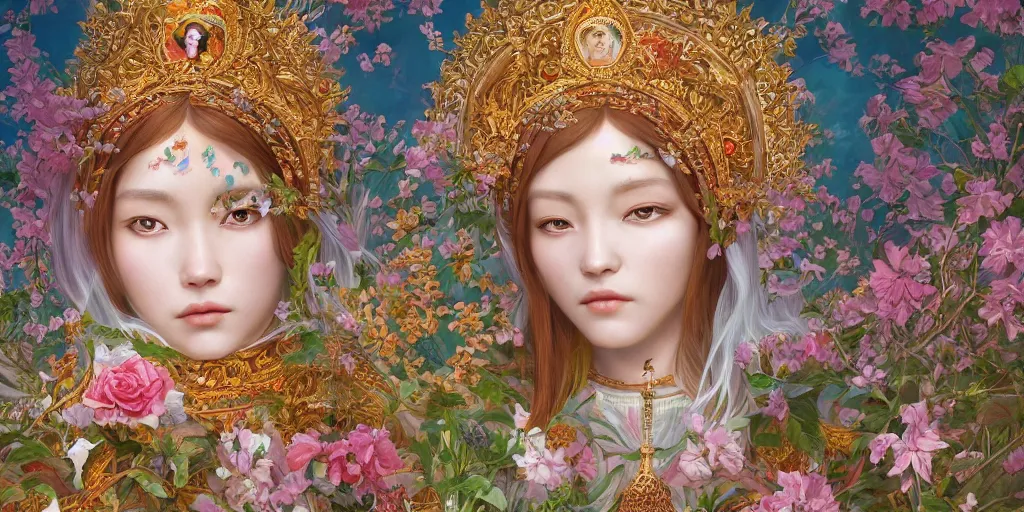 Image similar to breathtaking detailed concept art painting of the goddess Flora, orthodox saint, with anxious, piercing eyes, ornate background, amalgamation of leaves and flowers, by Hsiao-Ron Cheng, James jean, Miho Hirano, Hayao Miyazaki, HDR, extremely moody lighting, 8K