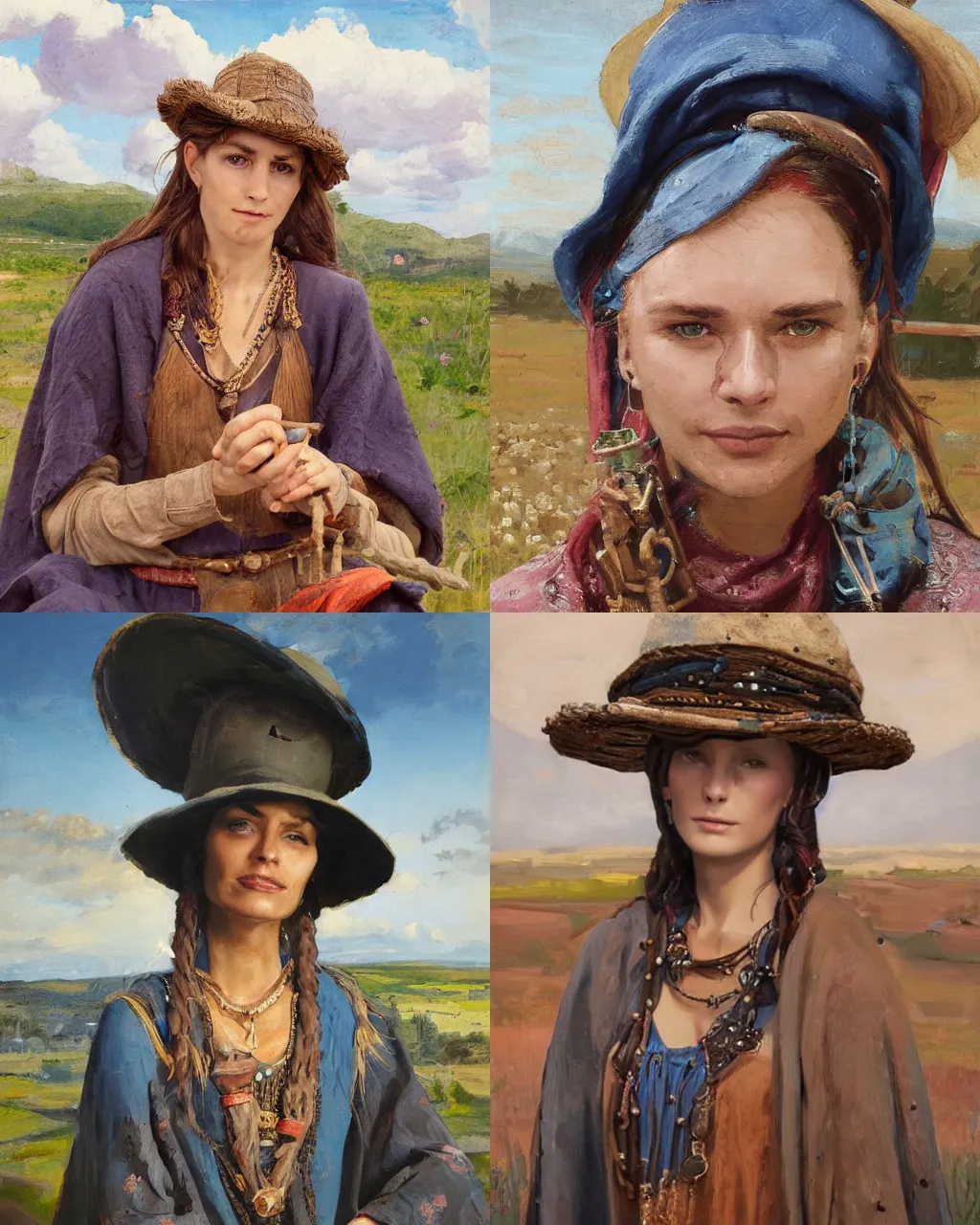 Image similar to portrait of medieval farmer woman with wooden jewelry, mediterranean features, wearing rich jewerly hat and deep blue boho poncho, fantasy character close up portrait, sitting dynamic pose, Low poly, thunder clouds in the sky, artwork by Jeremy Lipkin and Giuseppe Dangelico Pino and Michael Garmash and rob rey, levitation, industrial rusty pipes, simple form, brutal shapes