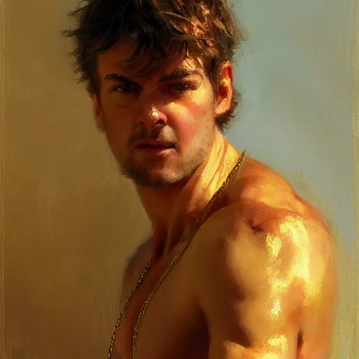 Prompt: detailed realistic cinematic wide shot of beautiful attractive muscular john green with gold chain wearing blue bath robe slim face symettrical face clean skin black eyes black robe smooth, sharp focus, ultra realistic, spring light, painting by gaston bussiere, craig mullins, j. c. leyendecker