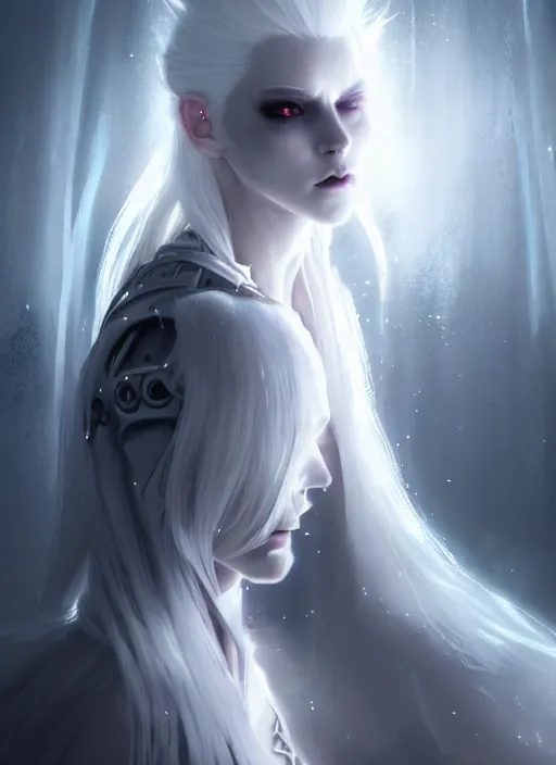Prompt: a beautiful white haired princess, intricate concept art, ethereal, ominous, dramatic lighting, cyberpunk darksynth, by zeronis and wlop