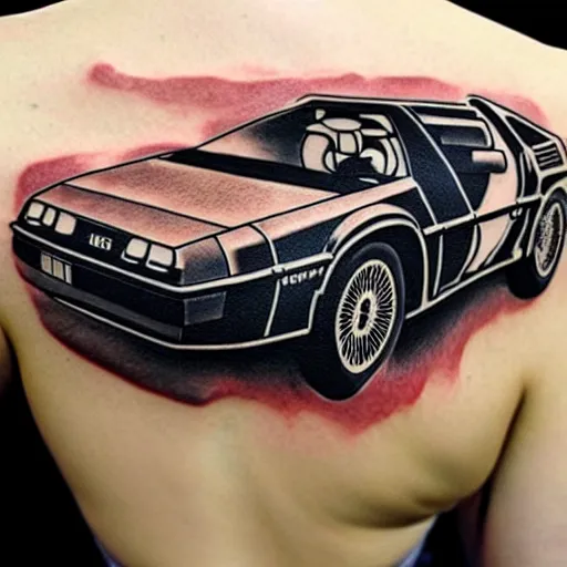 Image similar to a tattoo of delorean from back to the future,