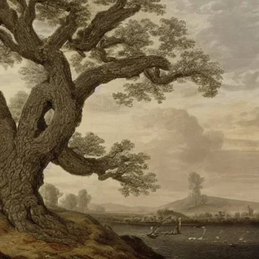 Prompt: I shall think about an oak in summer, that is a struction, and what I call thinking about is really a file of associated images cast up on the shores