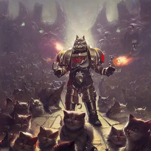 Image similar to cat trainer man commanding army of cats, warhammer 4 0 k by greg rutkowski