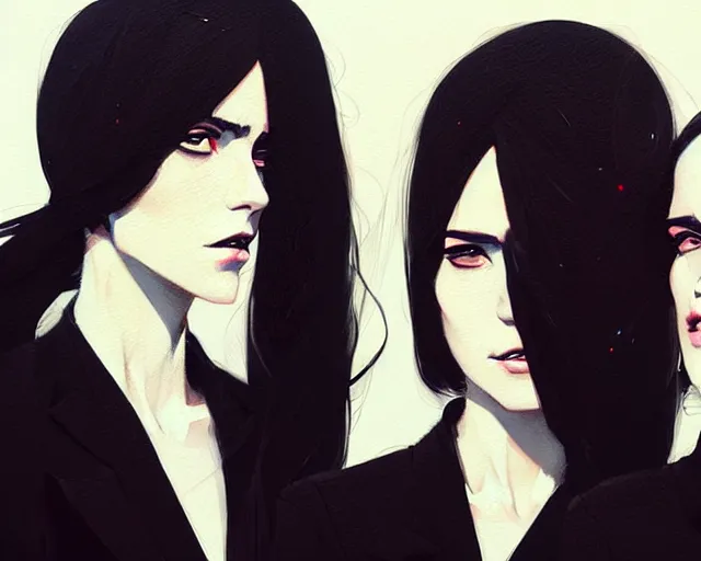 Image similar to a ultradetailed portrait painting of three women in black suits, by conrad roset, greg rutkowski and makoto shinkai trending on artstation