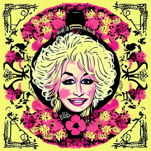 Prompt: young Dolly Parton, retro graphic design, hippie, floral