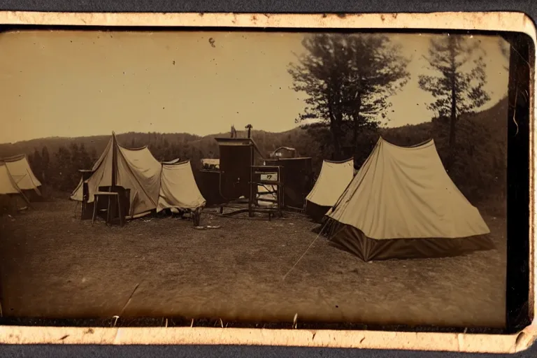 Prompt: tintype photo of a campsite with bonfire